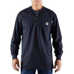 'Carhartt' Men's Flame Resistant Cotton Long Sleeve Henley - Dark Navy