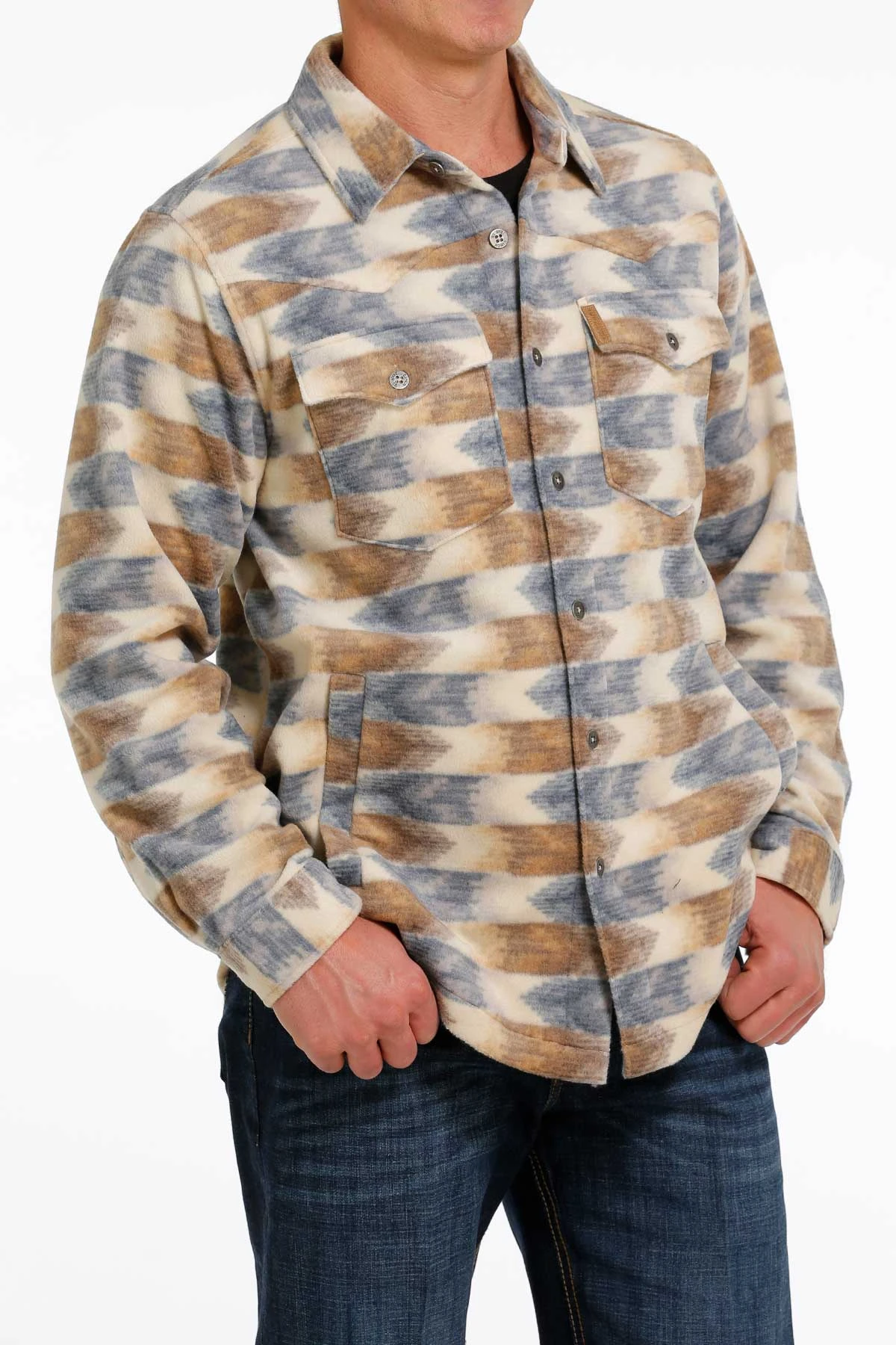 'Cinch' Men's Aztec Print Polar Fleece Shirt Jacket - Cream