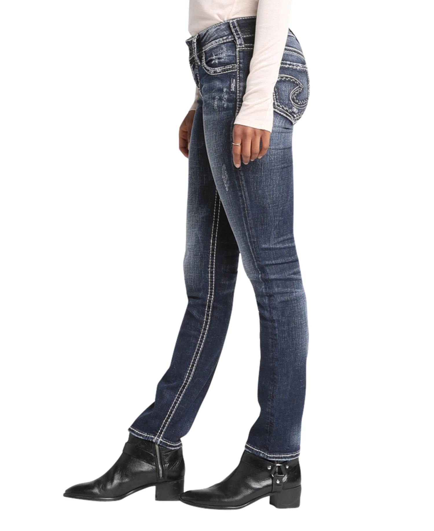 'Silver Jeans' Women's Suki Mid Rise Straight Leg - Distressed Dark Indigo - Image 3